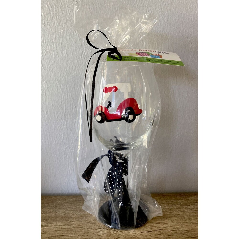 New Golf Cart Wine Glass Red Hand Painted Art USA Wrapped Gift Adobe Decor Gifts